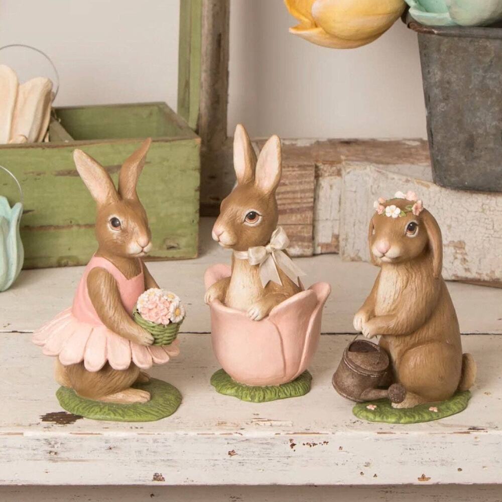 Bethany Lowe Bunny Flora Tulip Daisy Set of 3 Bunnies Easter Spring Garden New